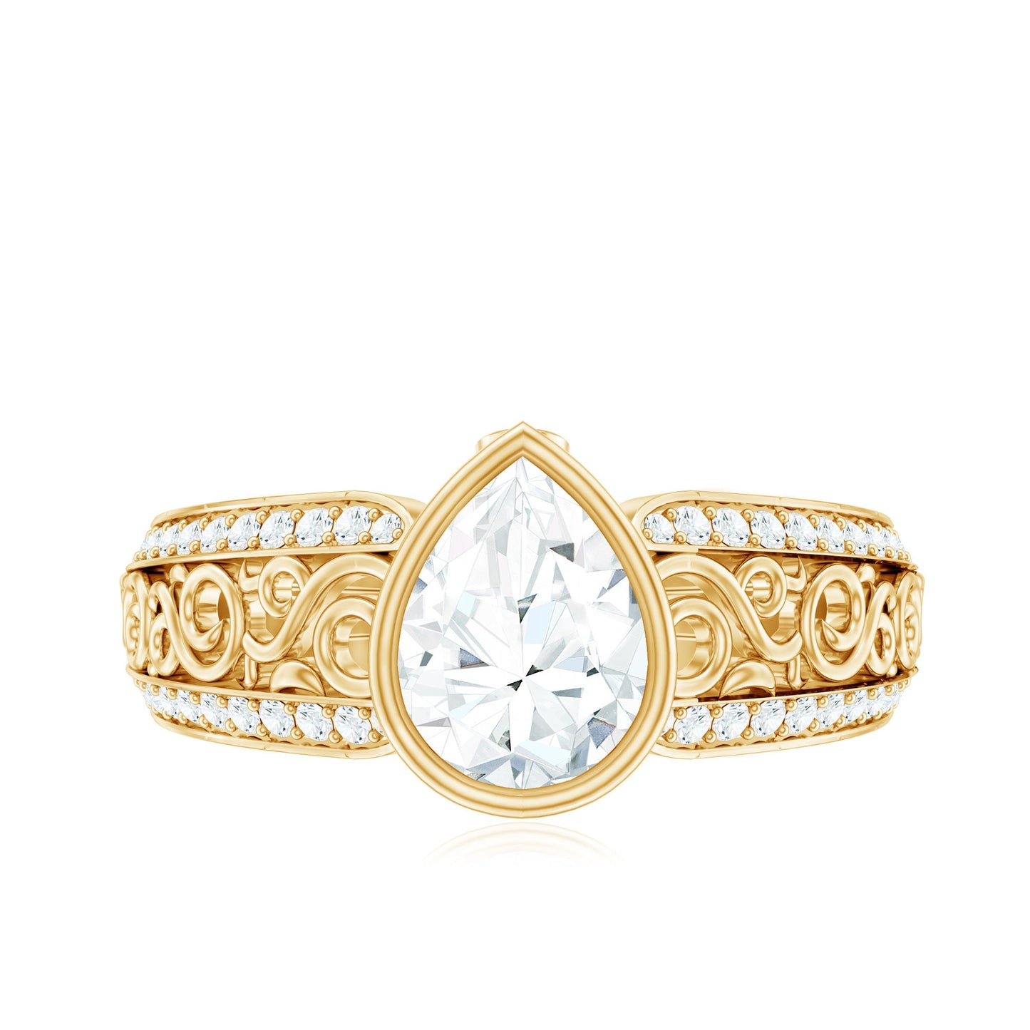 Bezel Set Moissanite Pear Engagement Ring with Filigree Details