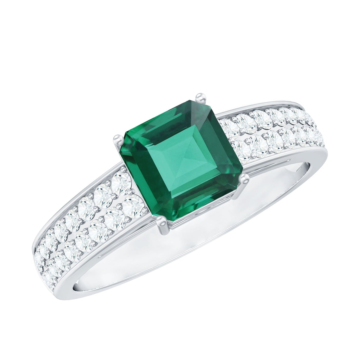 6 Carat Princess Cut Lab Created Emerald Engagement Ring with Diamond Side Stones