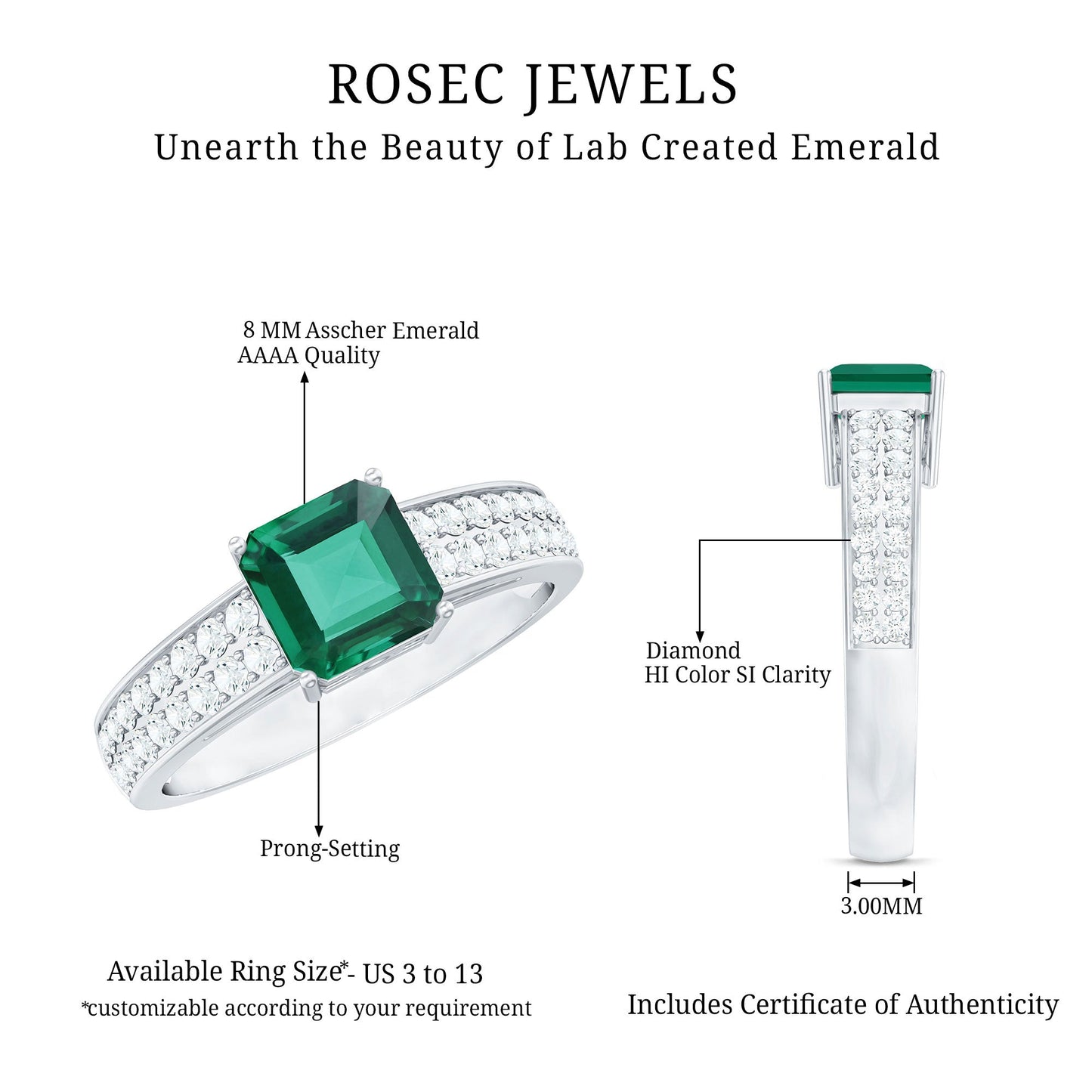 6 Carat Princess Cut Lab Created Emerald Engagement Ring with Diamond Side Stones