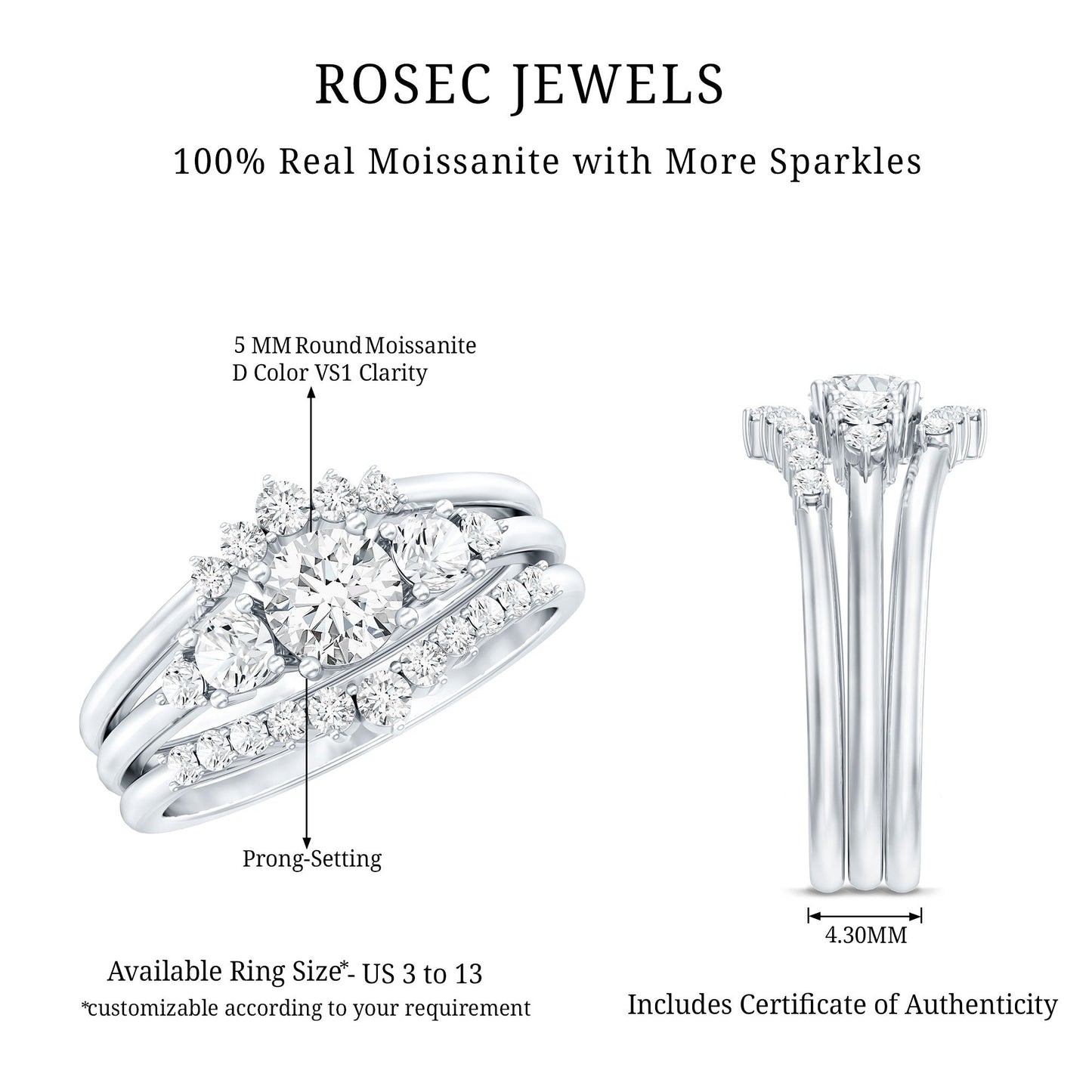 Certified Moissanite Trio Bridal Ring Set
