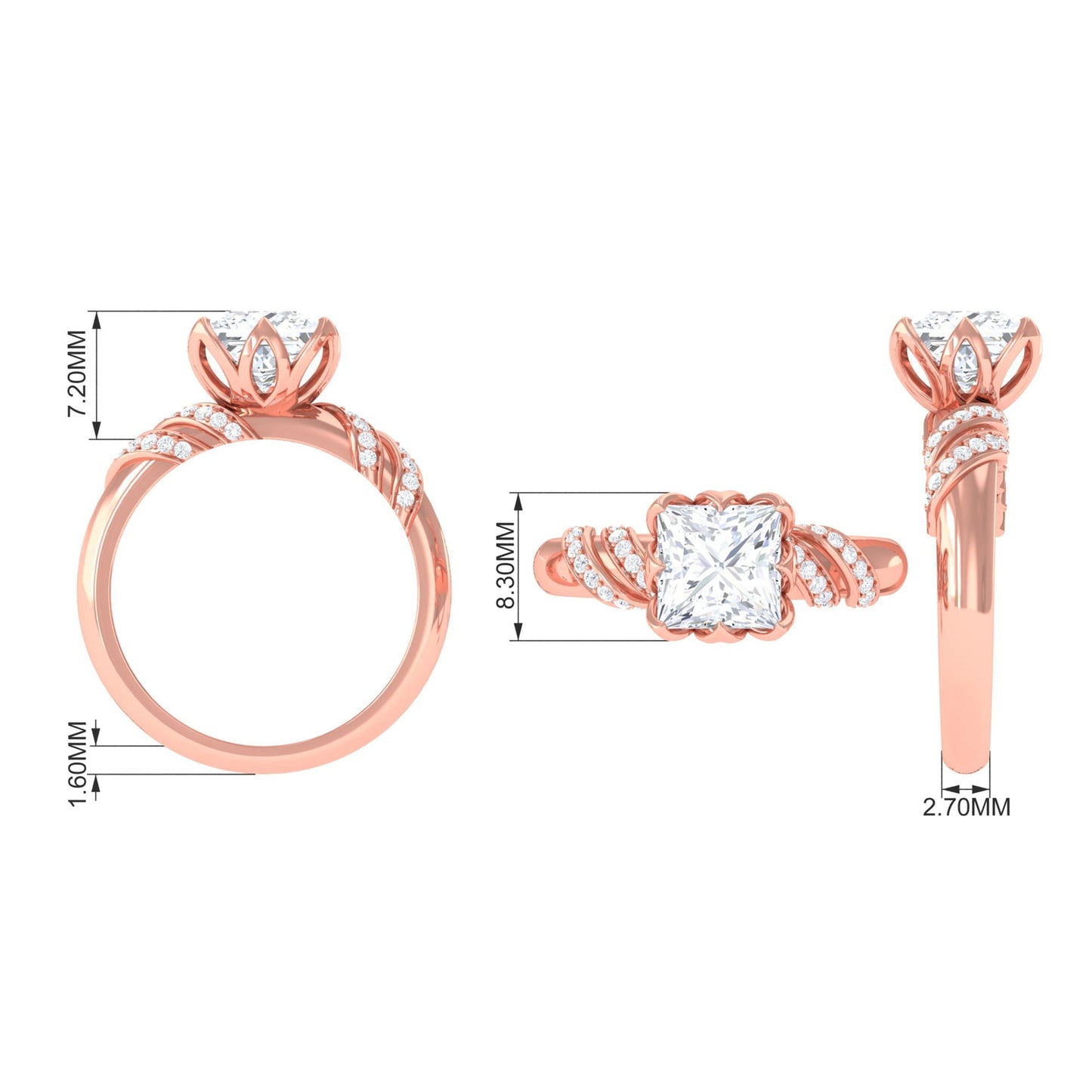 Certified Princess Cut Moissanite Designer Engagement Ring