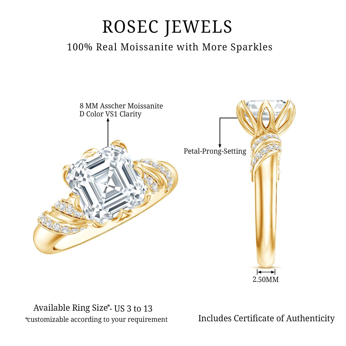 3 Carat Asscher Cut Moissanite Solitaire Engagement Ring in Petal Prong Setting