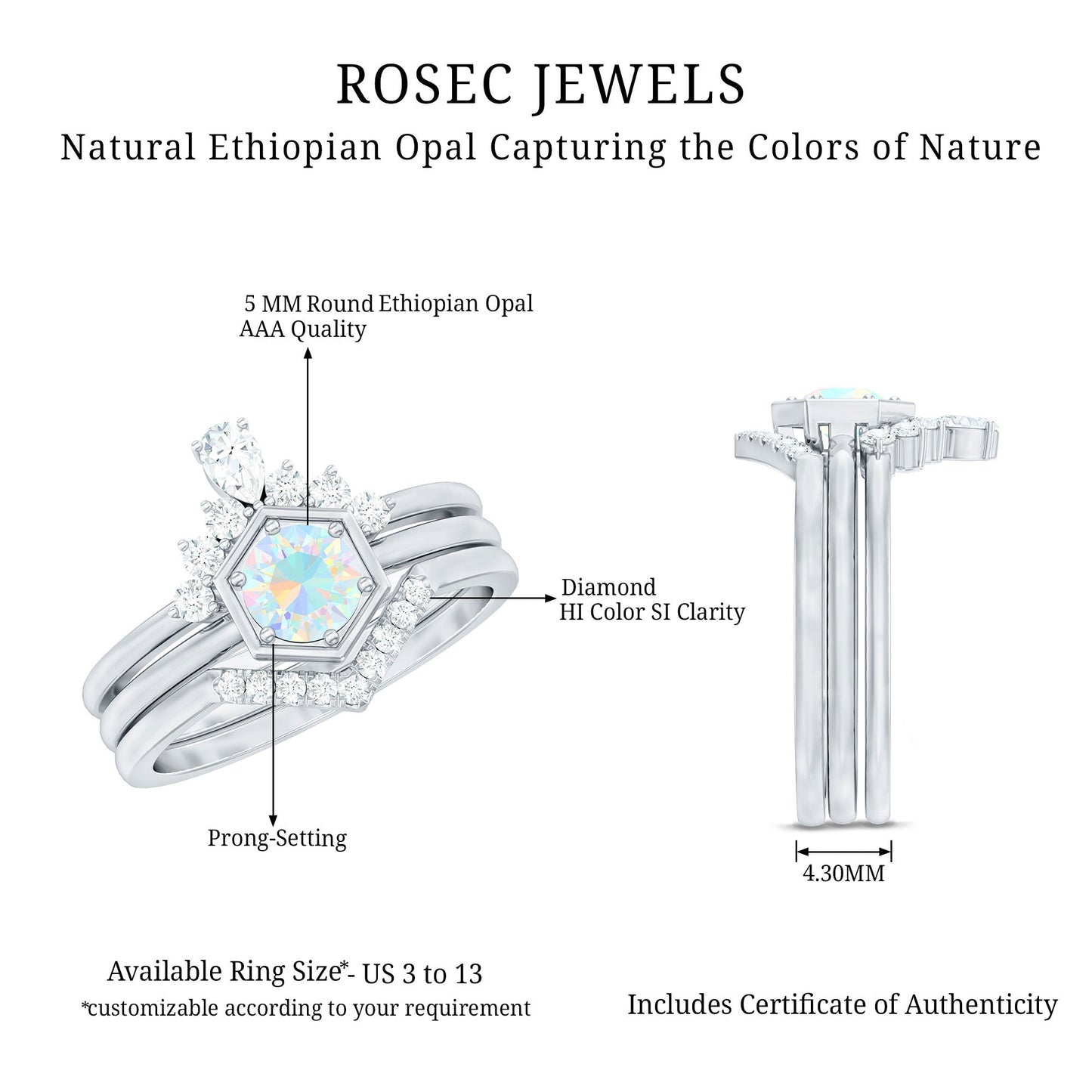 Vintage Inspired 0.5 Carat Opalescent Diamond Wedding Engagement Ring Set of 3