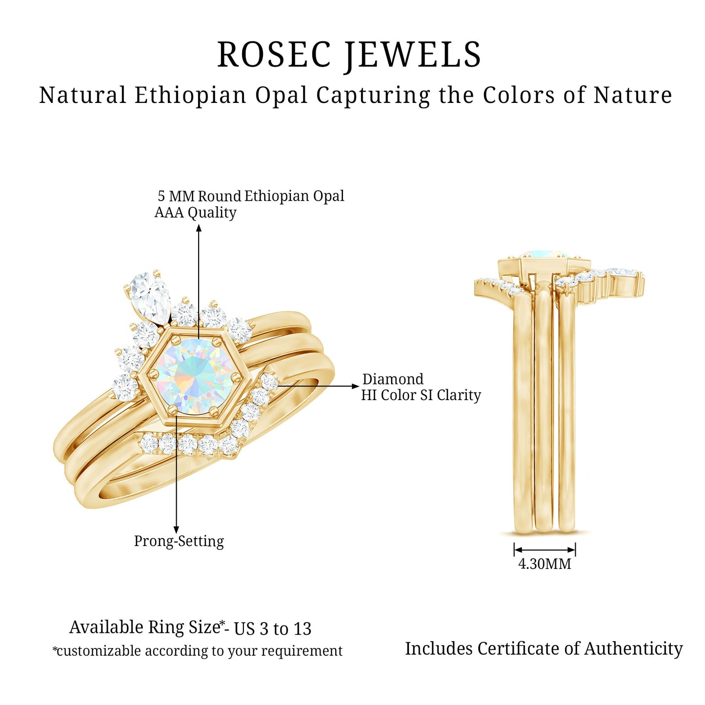 Vintage Inspired 0.5 Carat Opalescent Diamond Wedding Engagement Ring Set of 3