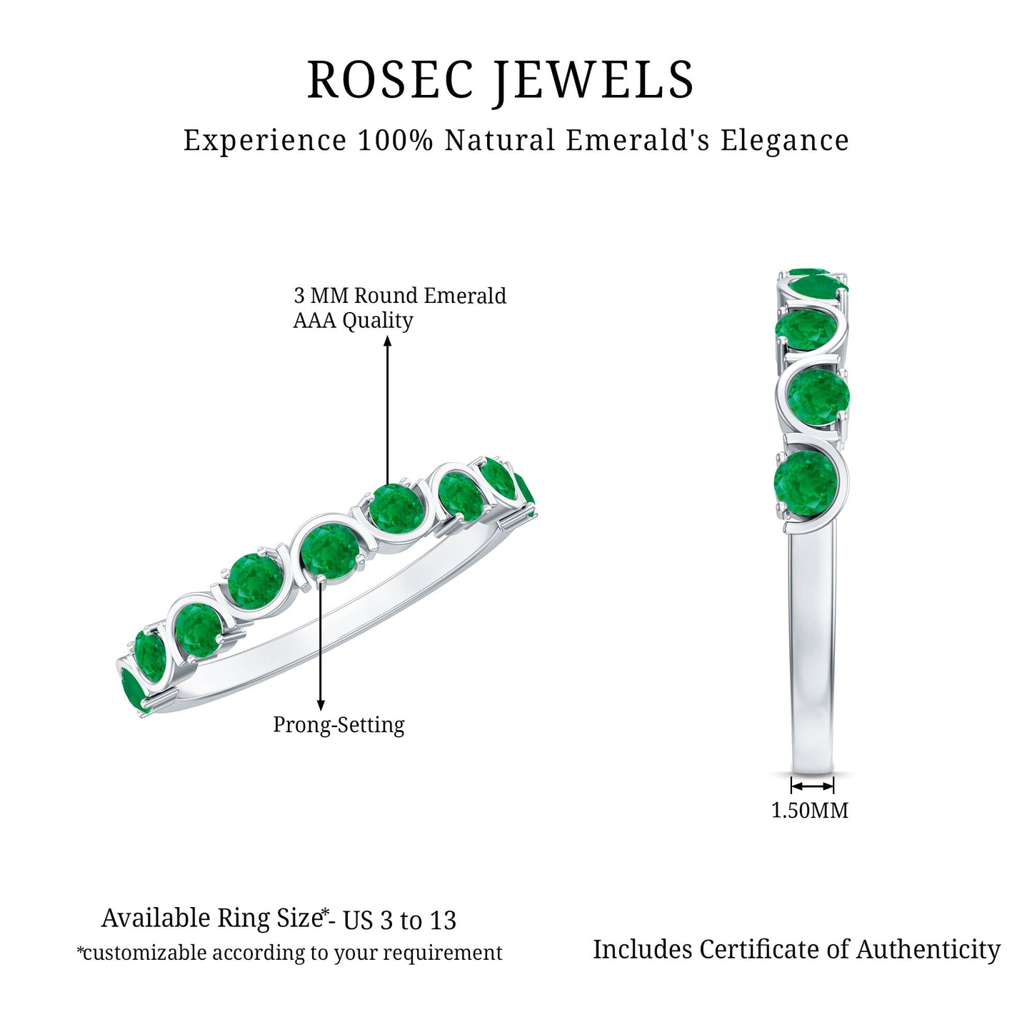 Natural Green Emerald Half Eternity Stackable Ring