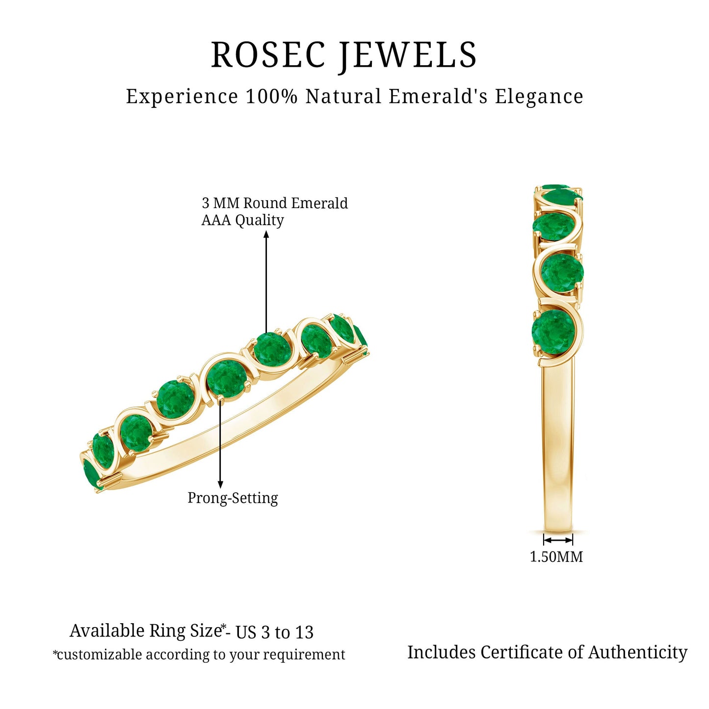 Natural Green Emerald Half Eternity Stackable Ring