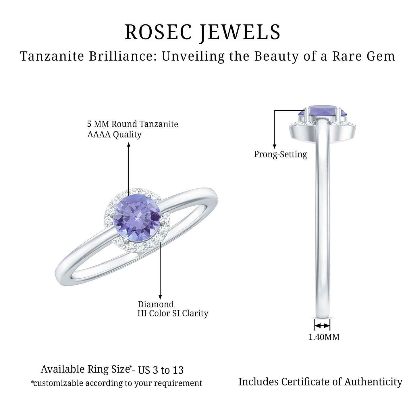 Natural Tanzanite Engagement Ring with Diamond Halo