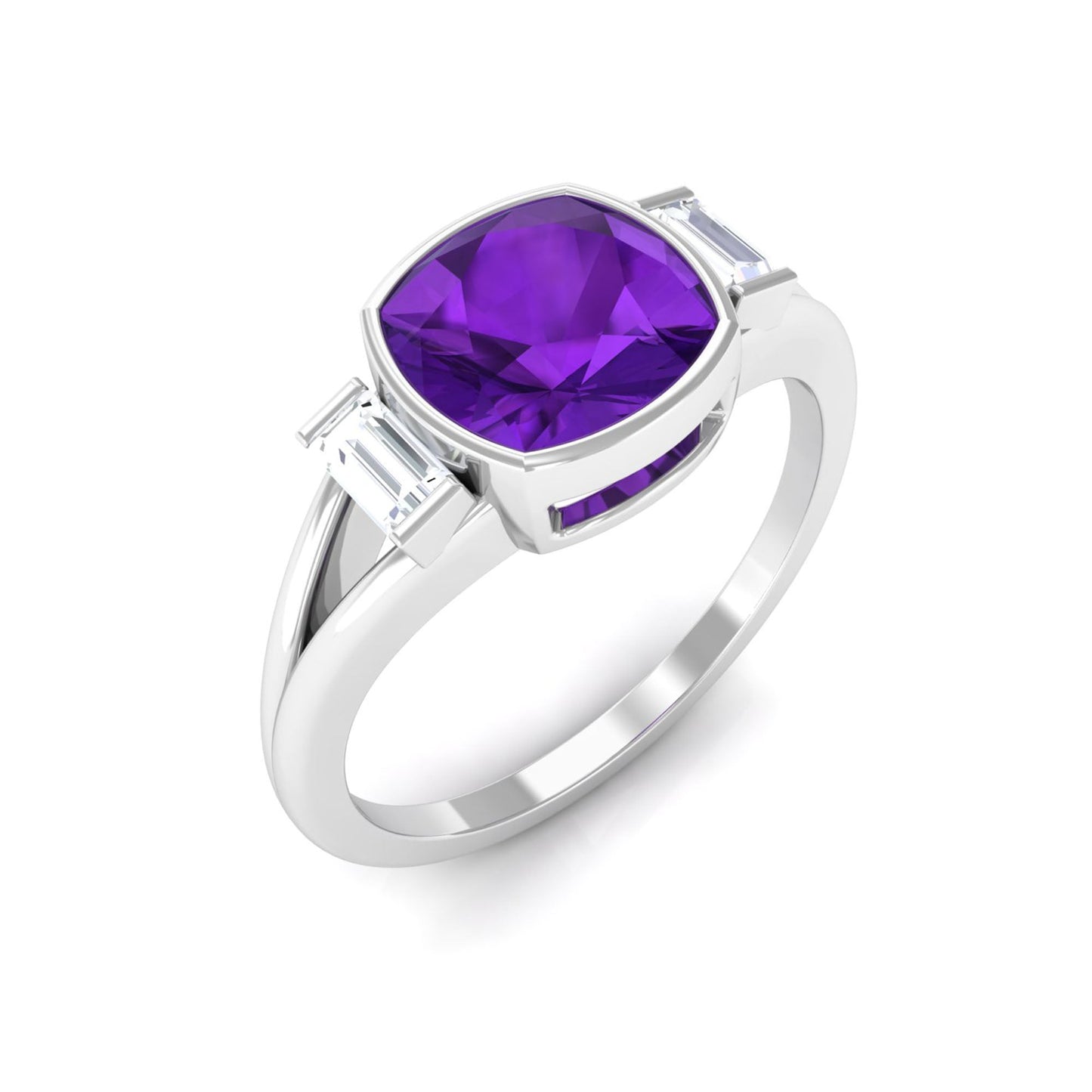 Genuine 2 Carat Amethyst Cushion Cut Engagement Ring with Diamond