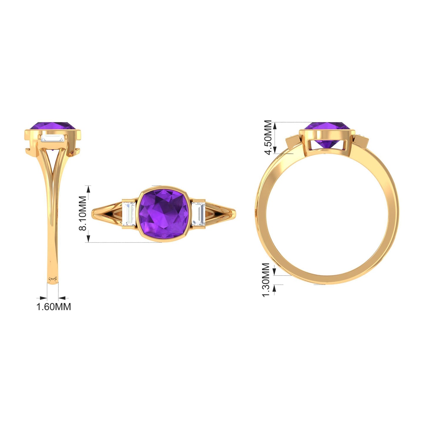 Genuine 2 Carat Amethyst Cushion Cut Engagement Ring with Diamond