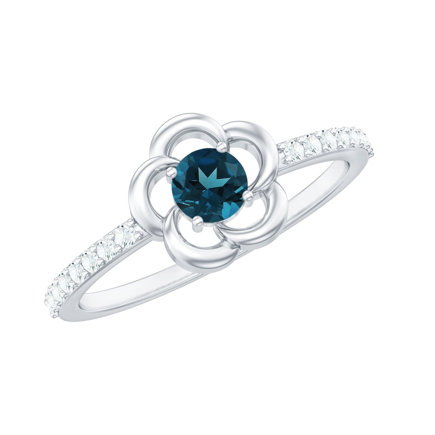 0.6 Carat Round London Blue Topaz Flower Promise Ring with Diamond