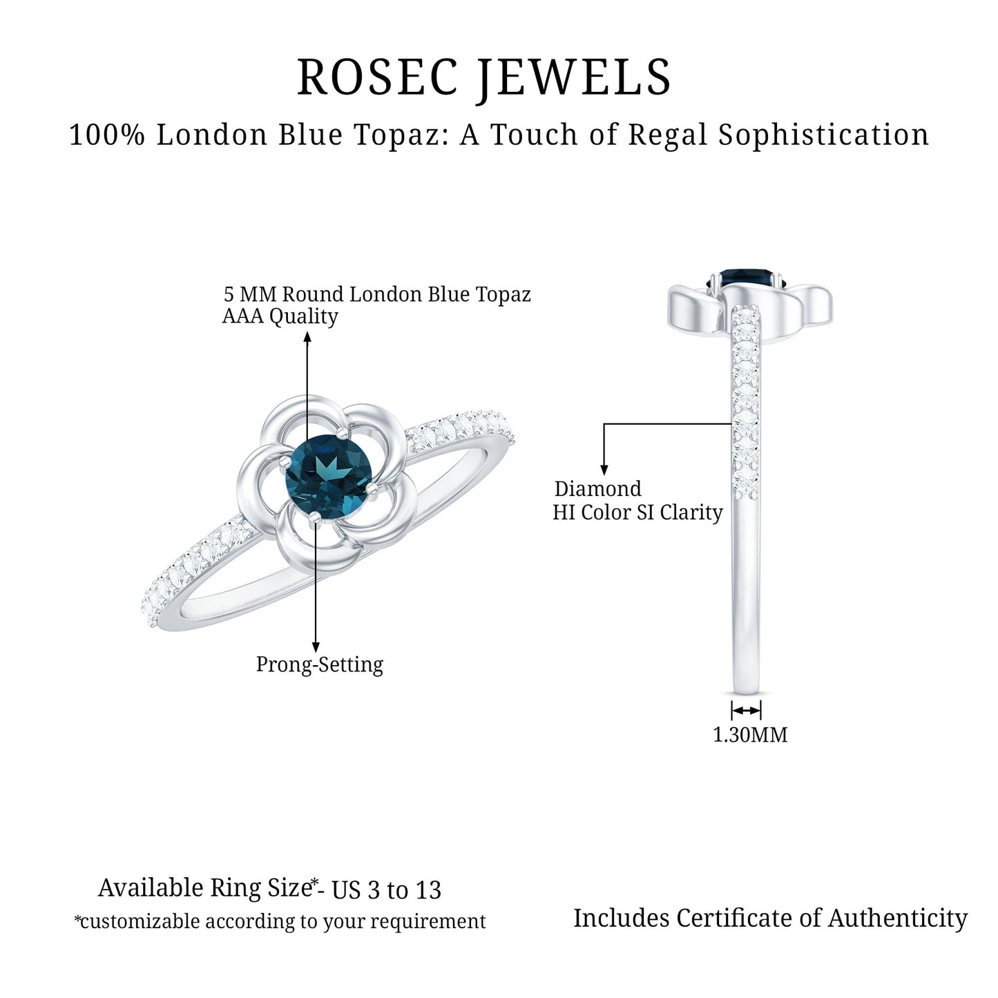 0.6 Carat Round London Blue Topaz Flower Promise Ring with Diamond