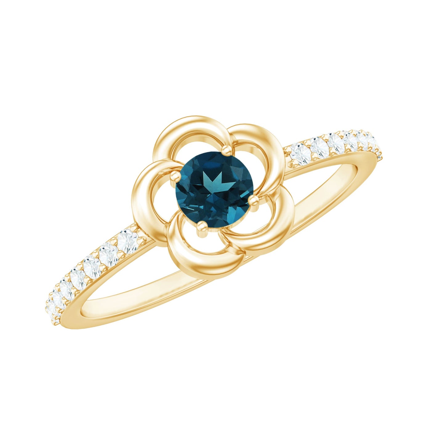 0.6 Carat Round London Blue Topaz Flower Promise Ring with Diamond