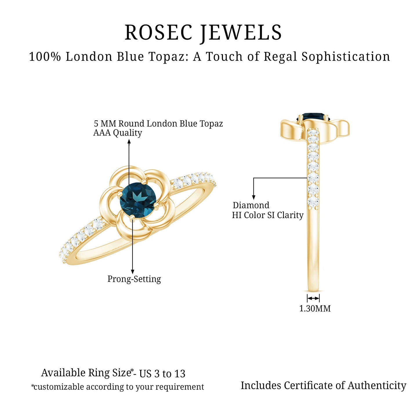 0.6 Carat Round London Blue Topaz Flower Promise Ring with Diamond