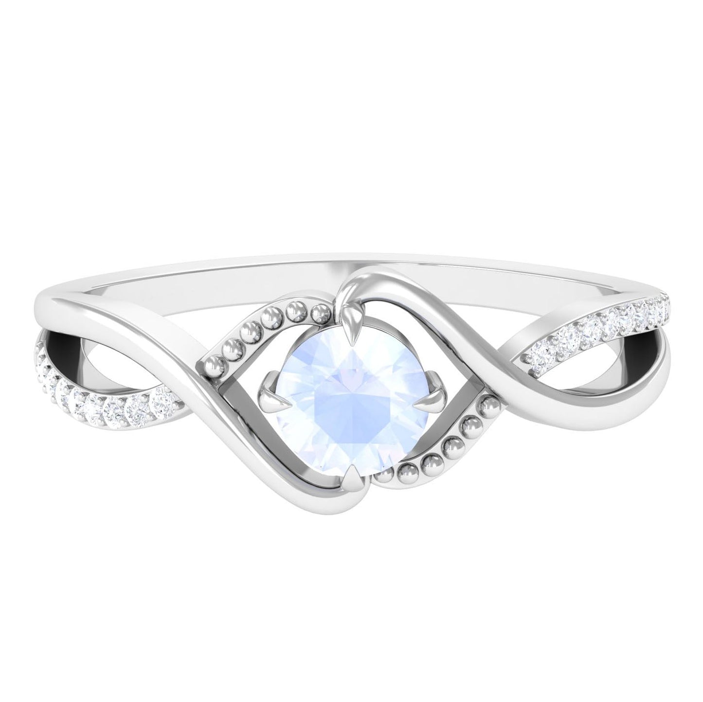 Certified Round Cut Moonstone Solitaire Crossover Ring with Diamond