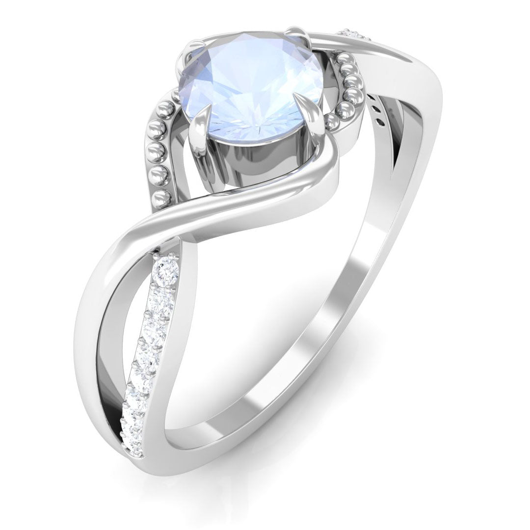 Certified Round Cut Moonstone Solitaire Crossover Ring with Diamond