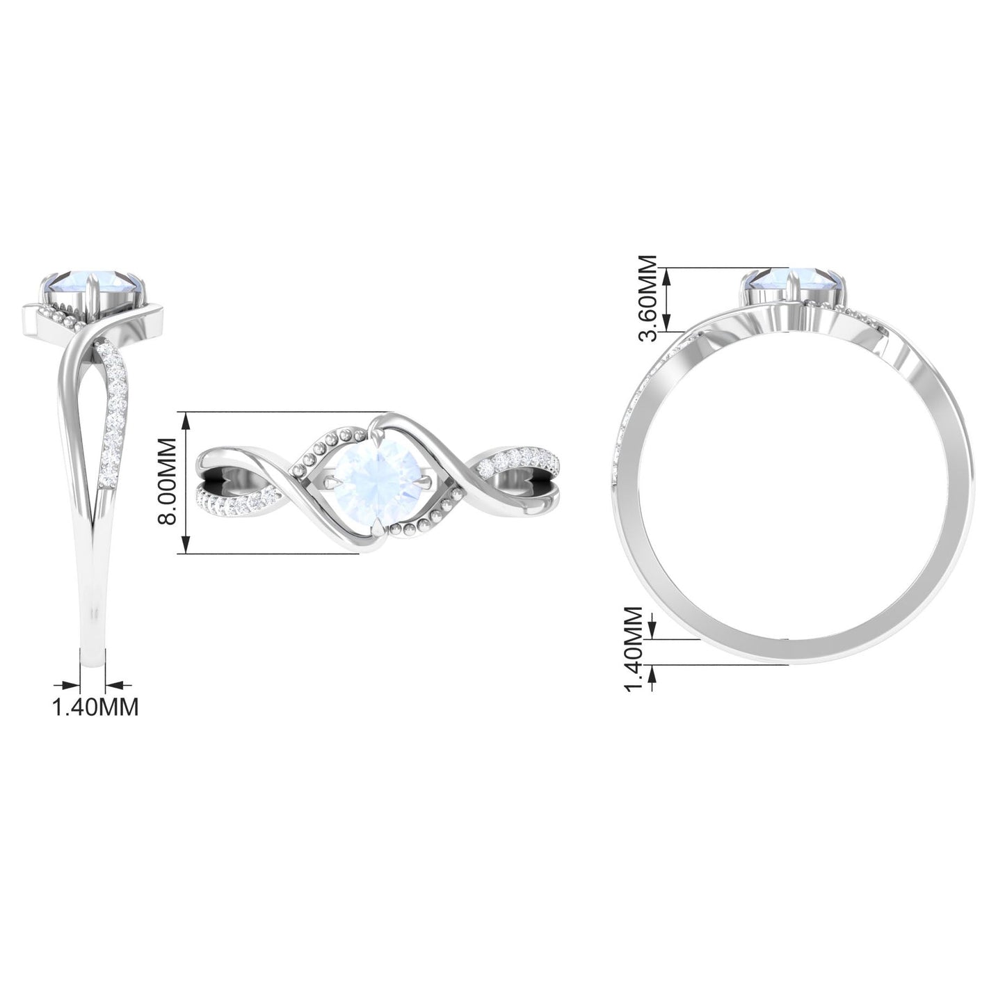 Certified Round Cut Moonstone Solitaire Crossover Ring with Diamond