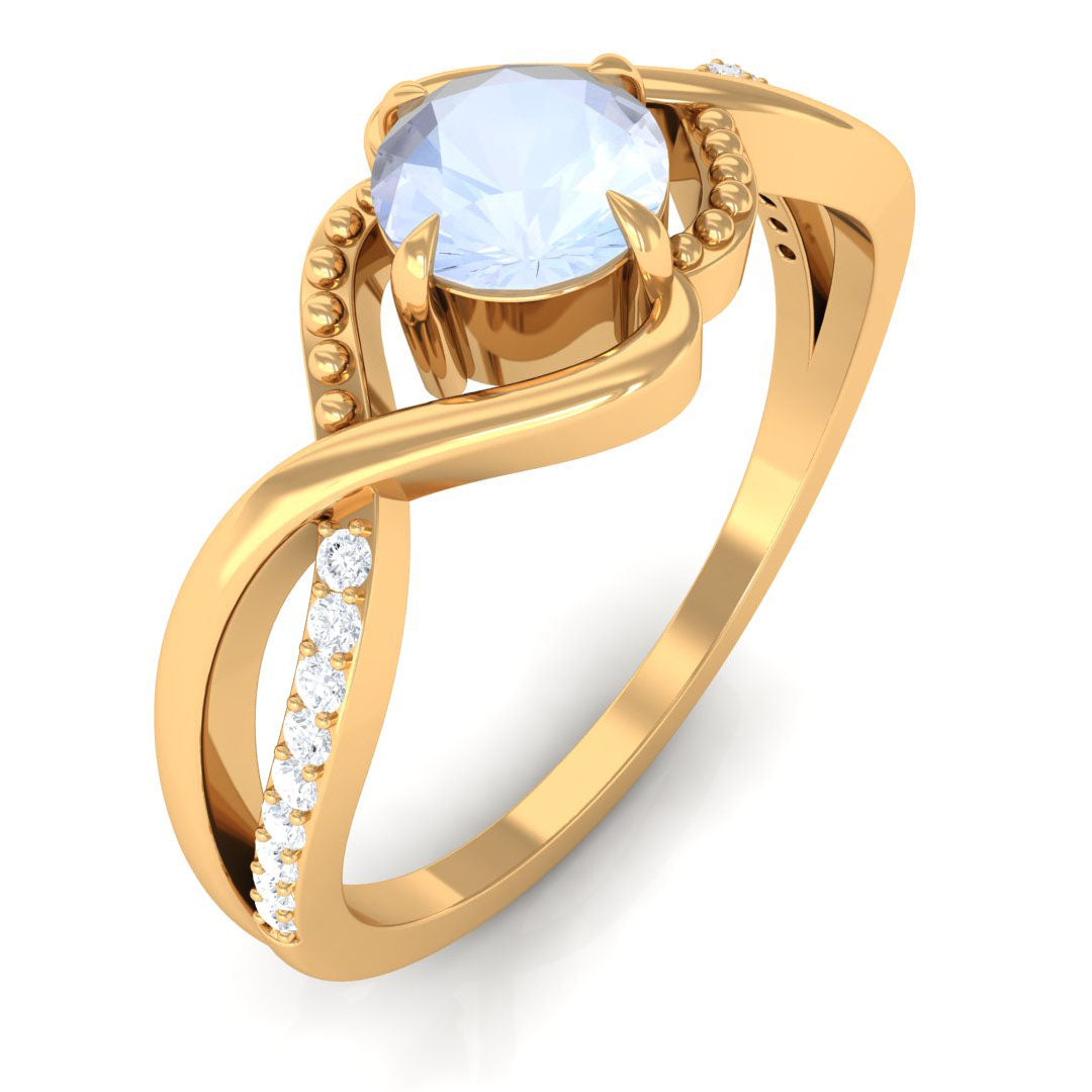 Certified Round Cut Moonstone Solitaire Crossover Ring with Diamond