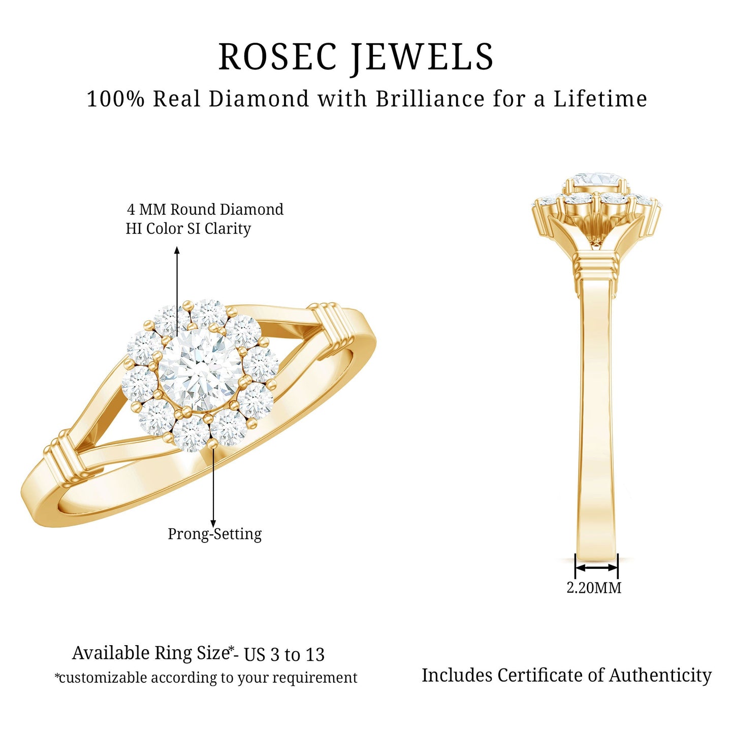 Natural Diamond Halo Engagement Ring with Split Shank