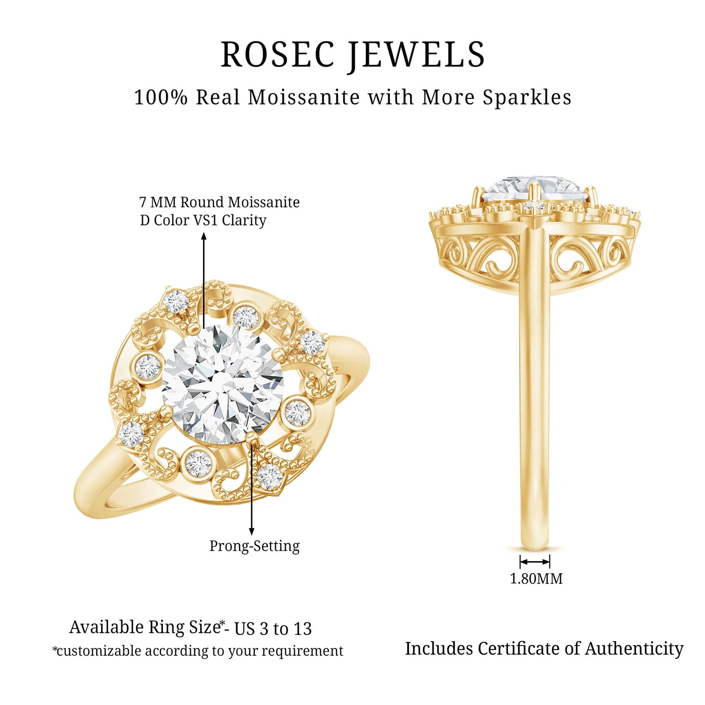 Moissanite Vintage Looking Engagement Ring with Certificate