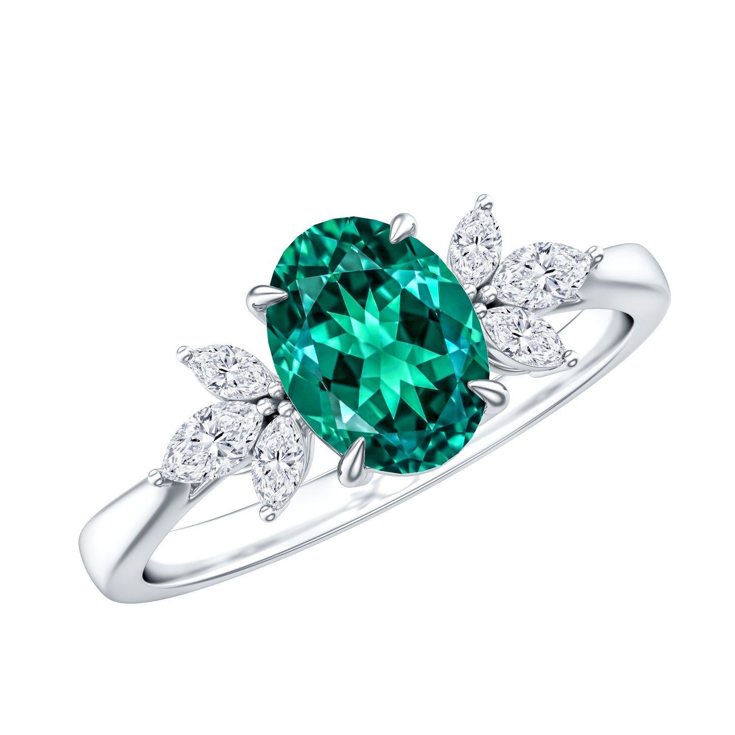 1.2 Carat Lab Created Emerald Oval Engagement Ring with Diamond Trio
