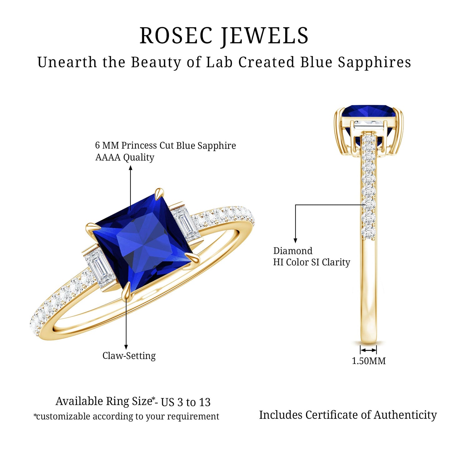 Certified 1.5 Carat Lab Blue Sapphire Princess Cut Engagement Ring with Diamond