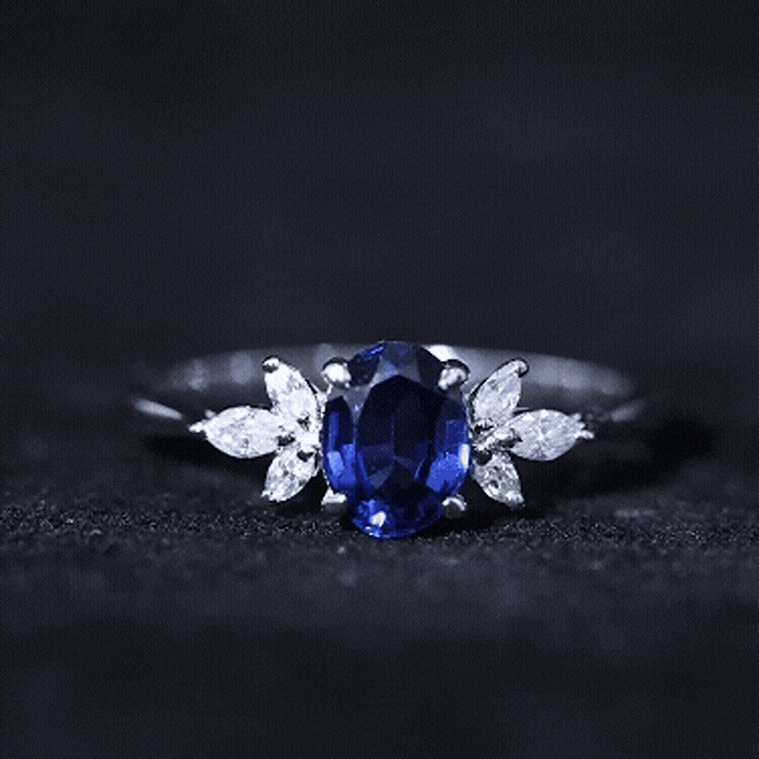 Certified 1.5 Carat Lab Grown Blue Sapphire Oval Engagement Ring with Diamond Trio