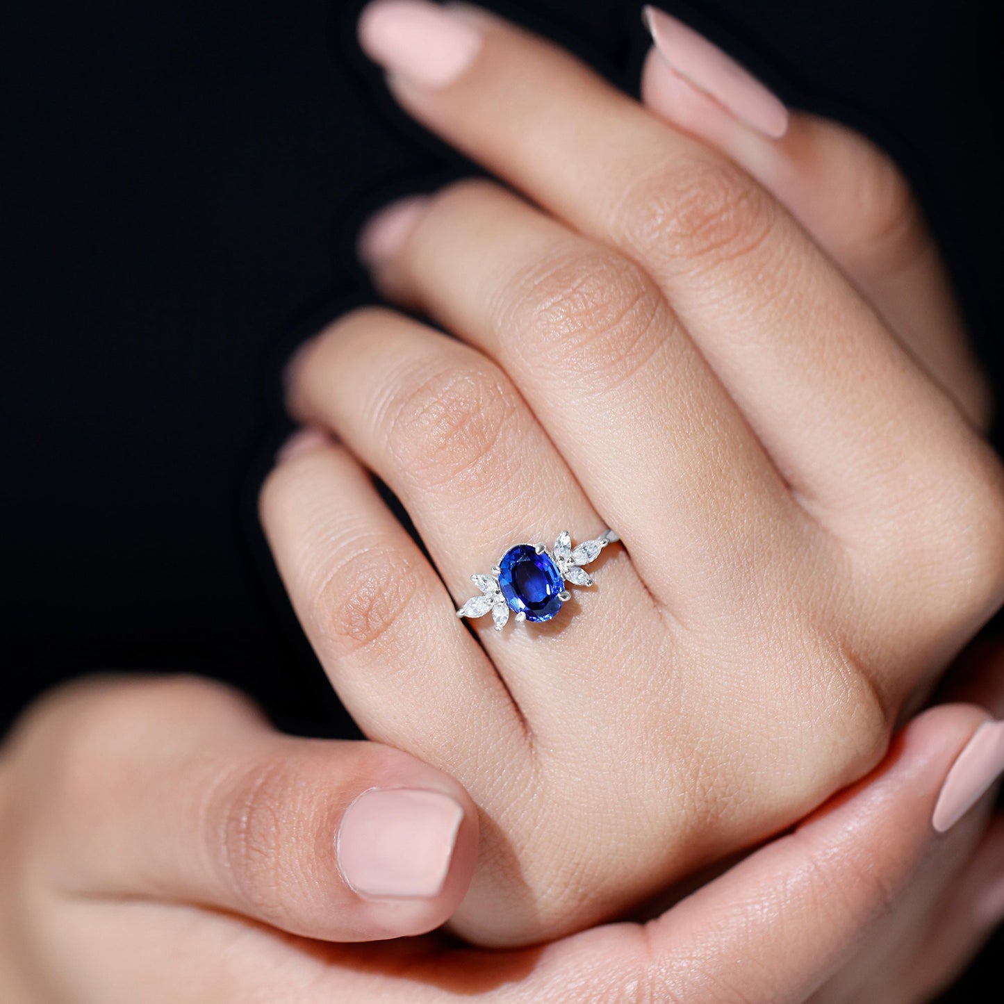 Certified 1.5 Carat Lab Grown Blue Sapphire Oval Engagement Ring with Diamond Trio