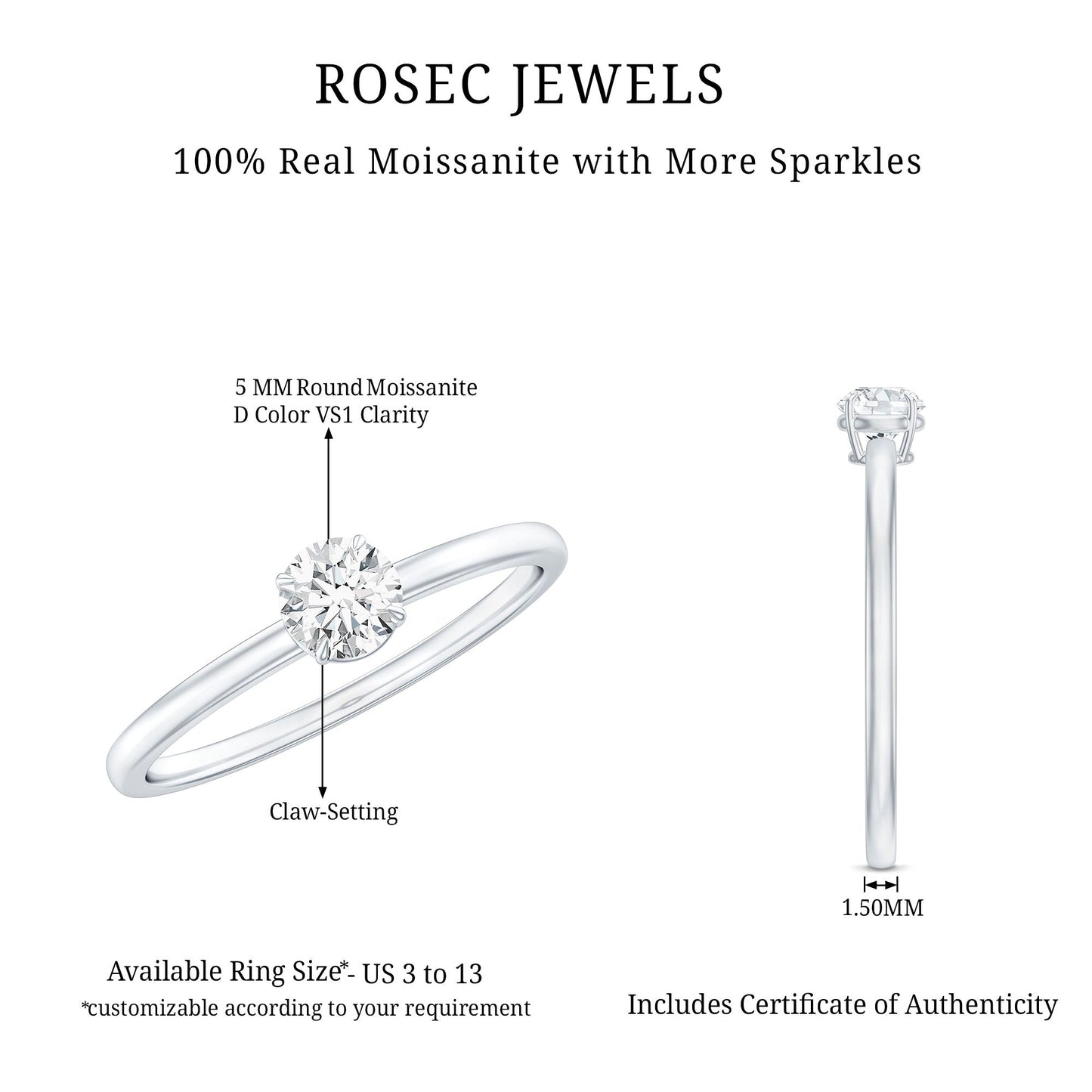 Claw Set Solitaire Moissanite Promise Ring for Women