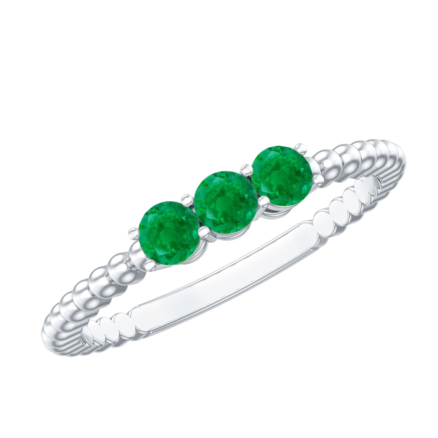 Certified Real Emerald 3 Stone Promise Ring with Beaded Detailing
