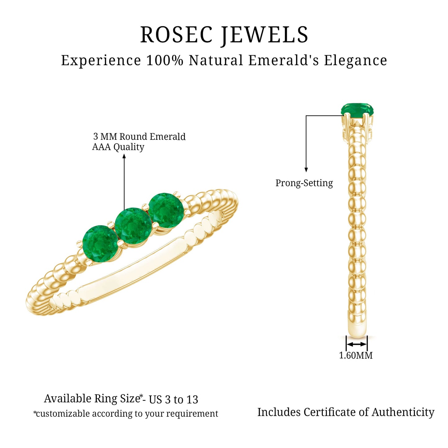 Certified Real Emerald 3 Stone Promise Ring with Beaded Detailing