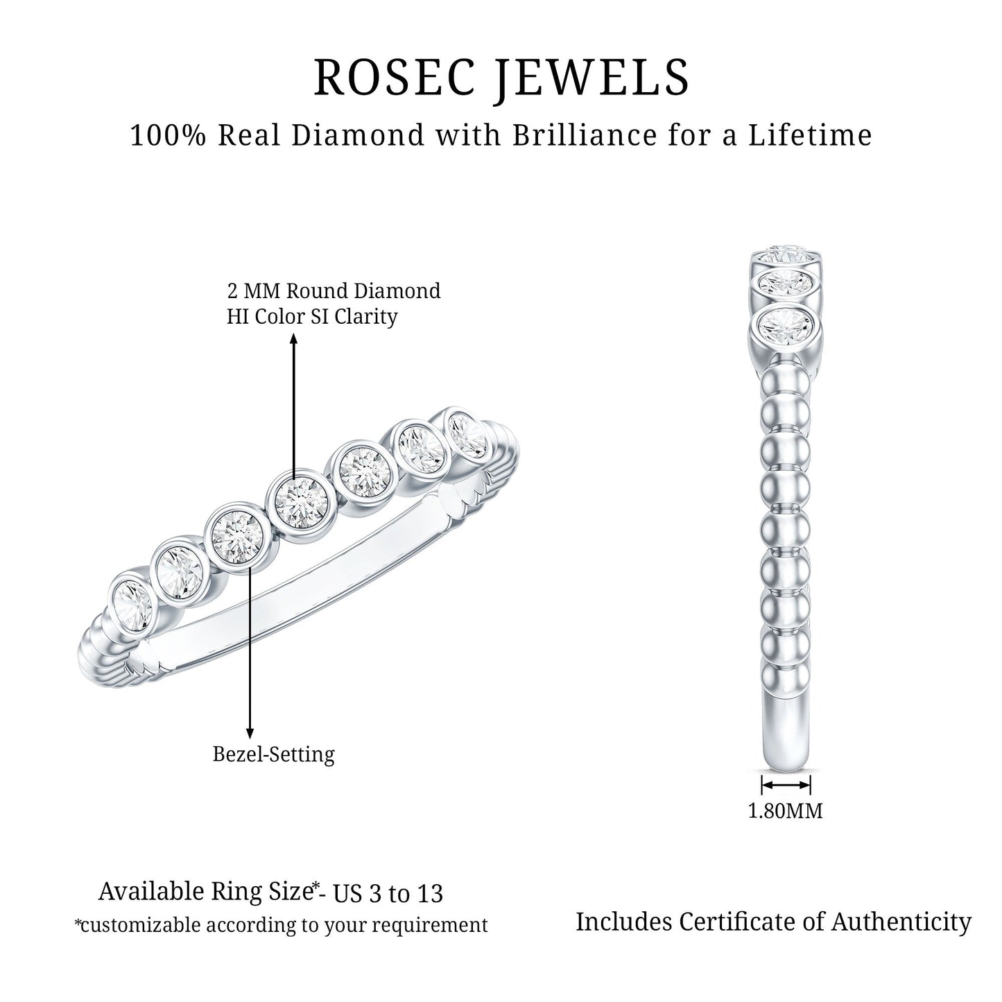Bezel Set Round Diamond Half Eternity Ring