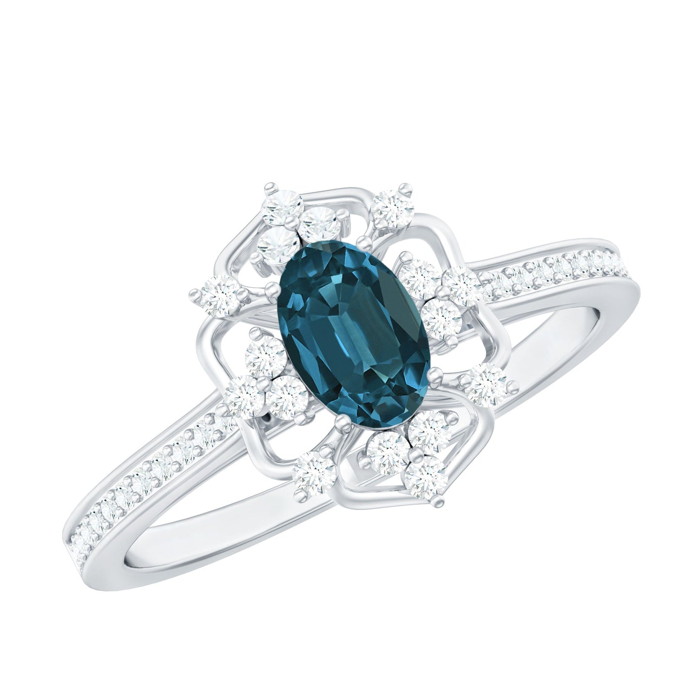 0.4 Carat Oval Cut London Blue Topaz Vintage Engagement Ring with Diamond