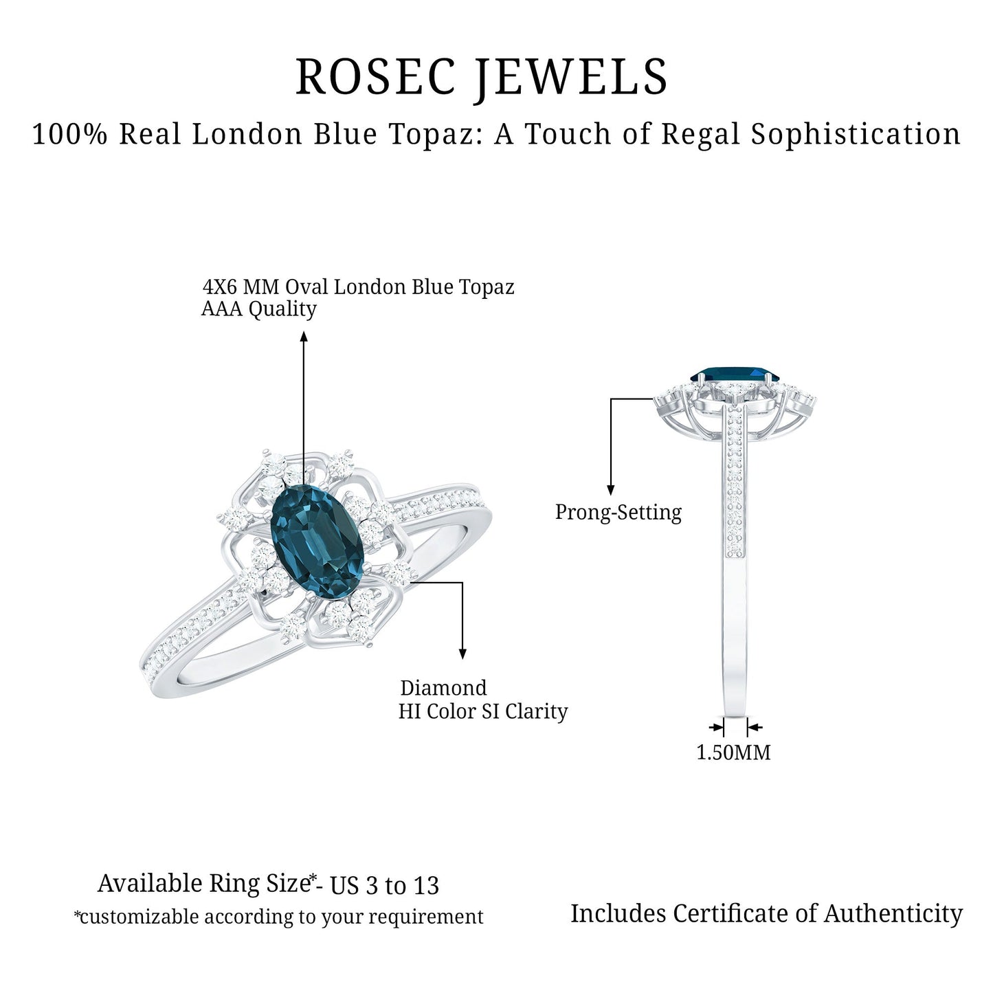 0.4 Carat Oval Cut London Blue Topaz Vintage Engagement Ring with Diamond