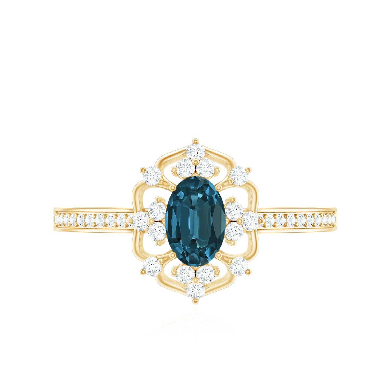 0.4 Carat Oval Cut London Blue Topaz Vintage Engagement Ring with Diamond
