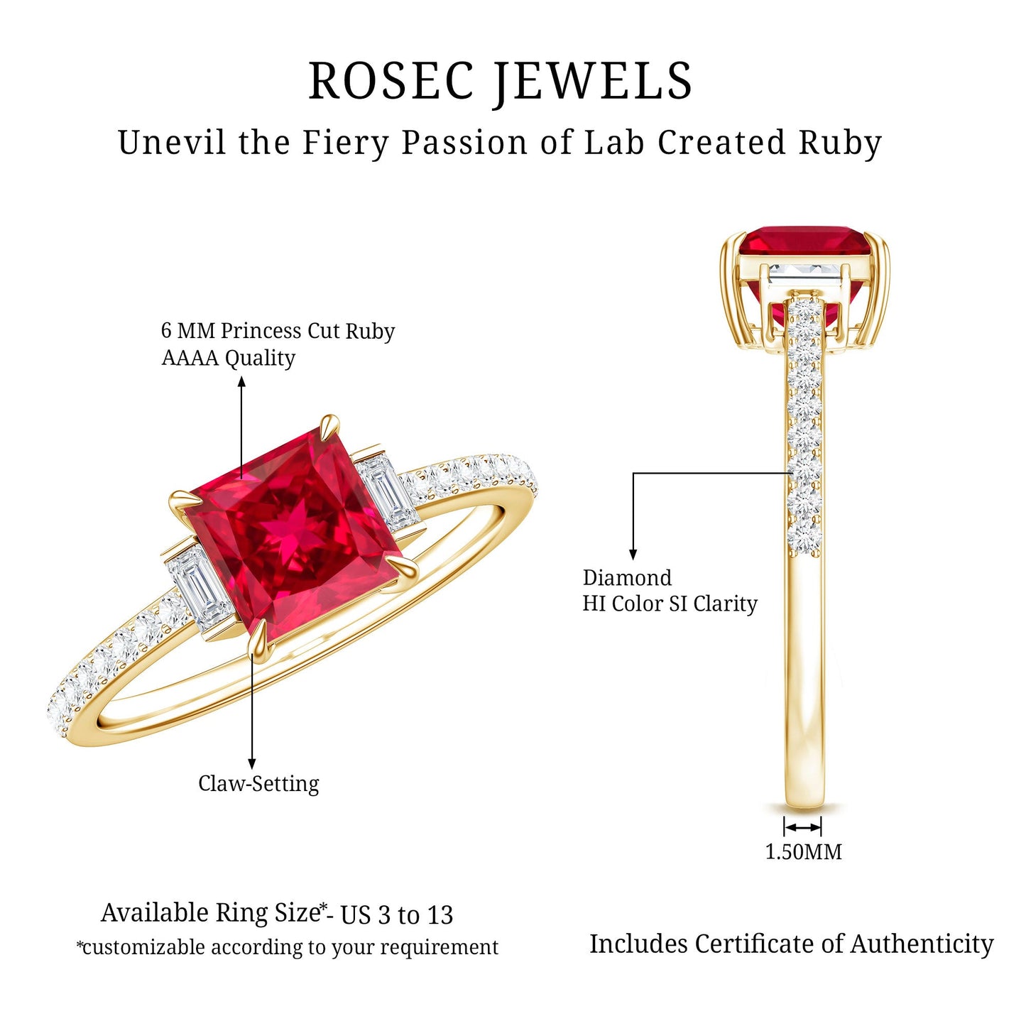 1.5 Carat Princess Cut Lab Created Ruby Engagement Ring With Diamond