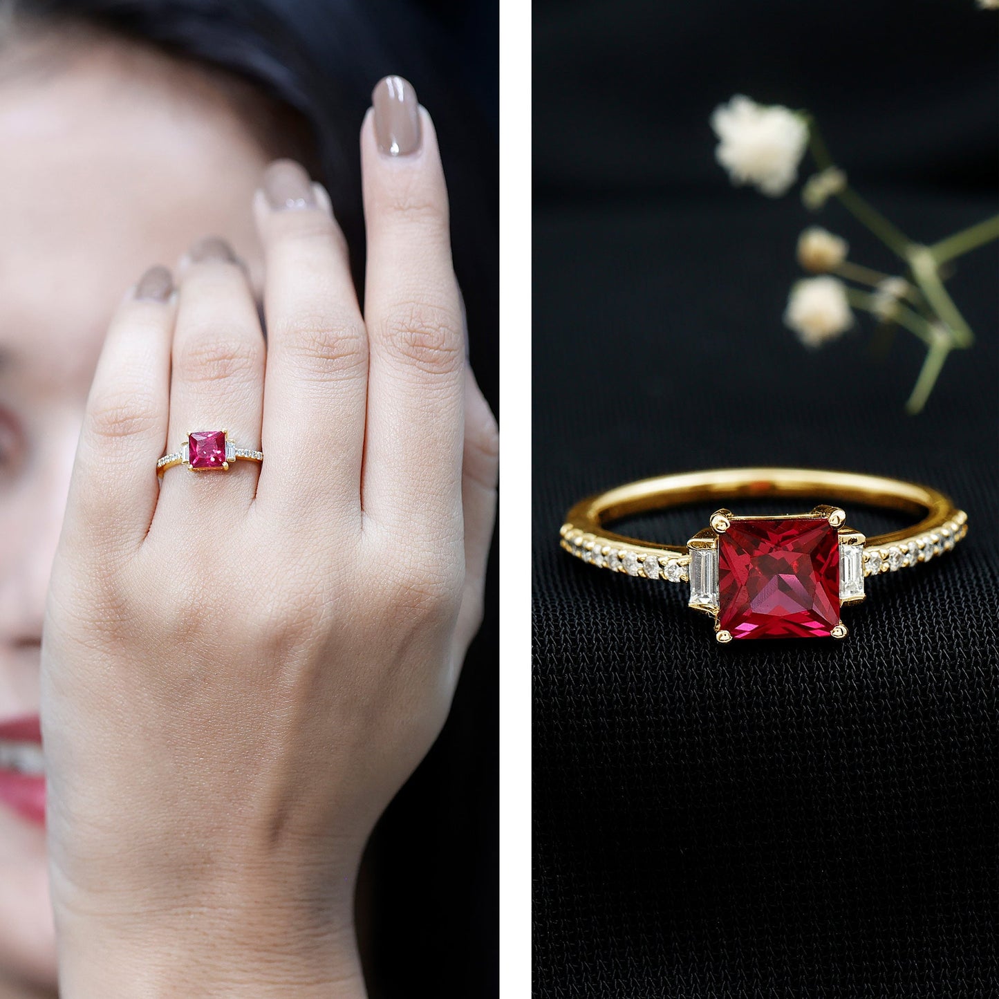 1.5 Carat Princess Cut Lab Created Ruby Engagement Ring With Diamond