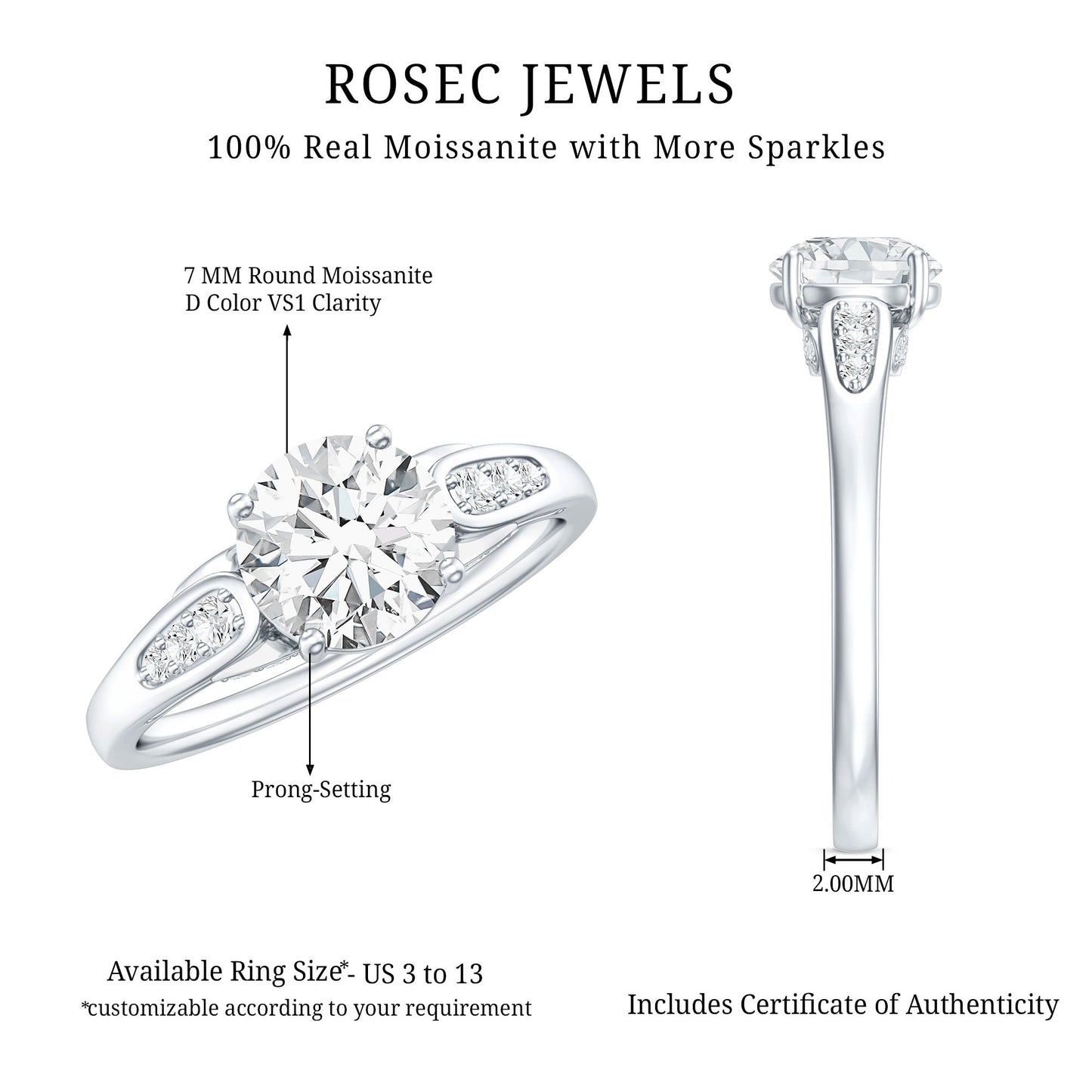 Brilliant Cut D-VS1 clarity Moissanite Engagement Ring for Women