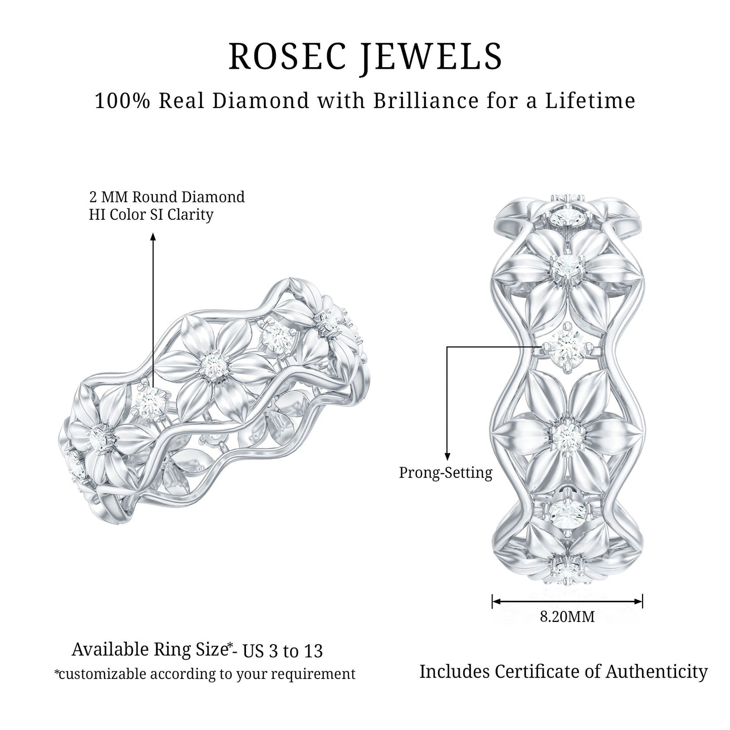 Natural Diamond Flower Wedding Band Ring With Certificate