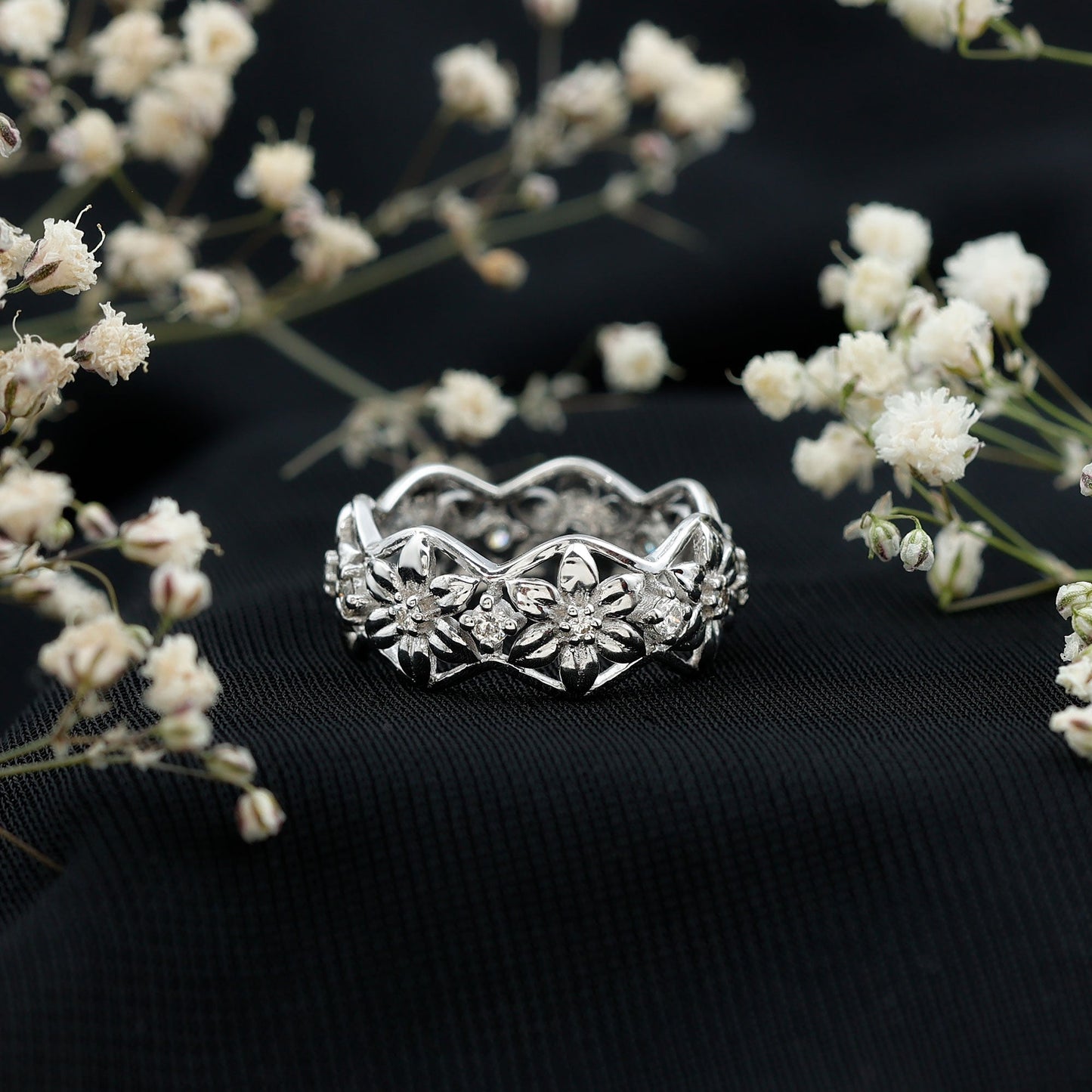Natural Diamond Flower Wedding Band Ring With Certificate