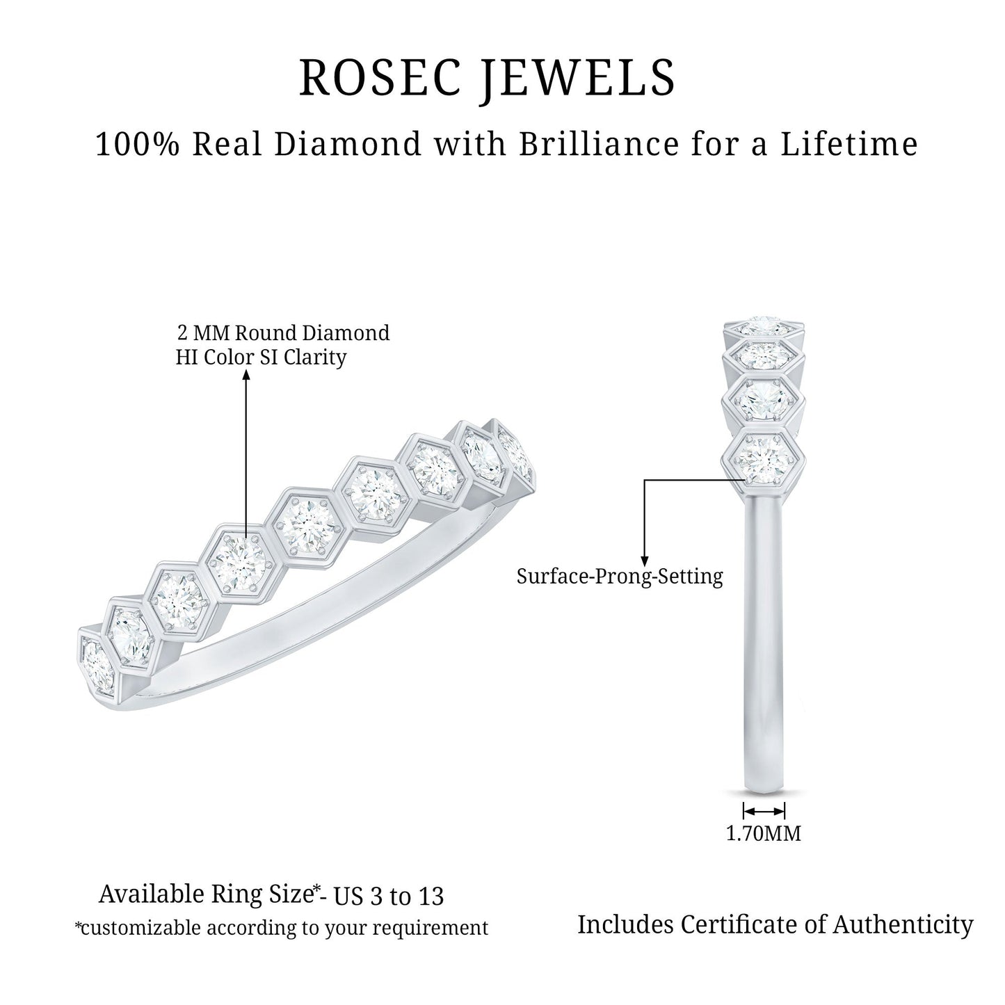 Real Diamond Hexagon Half Eternity Ring for Women