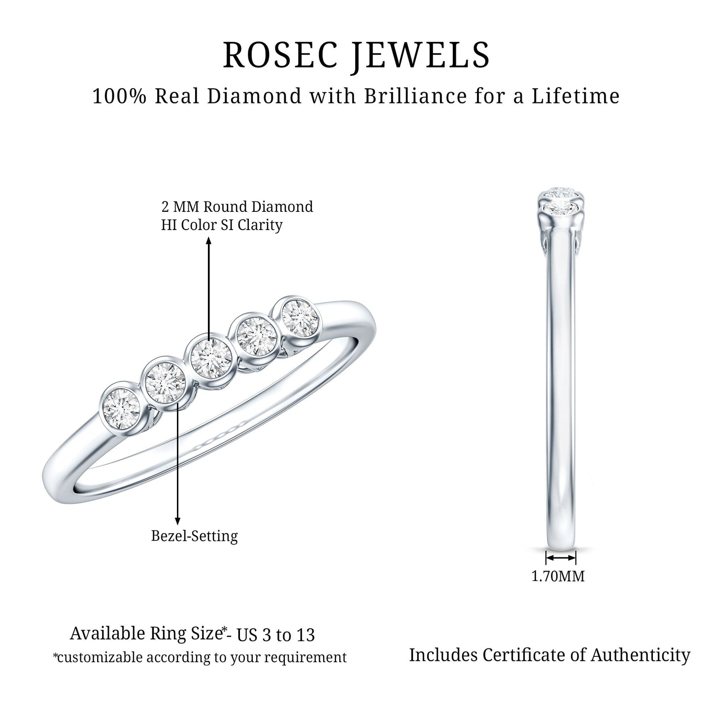 Bezel Set Natural Diamond Five Stone Promise Ring for Her