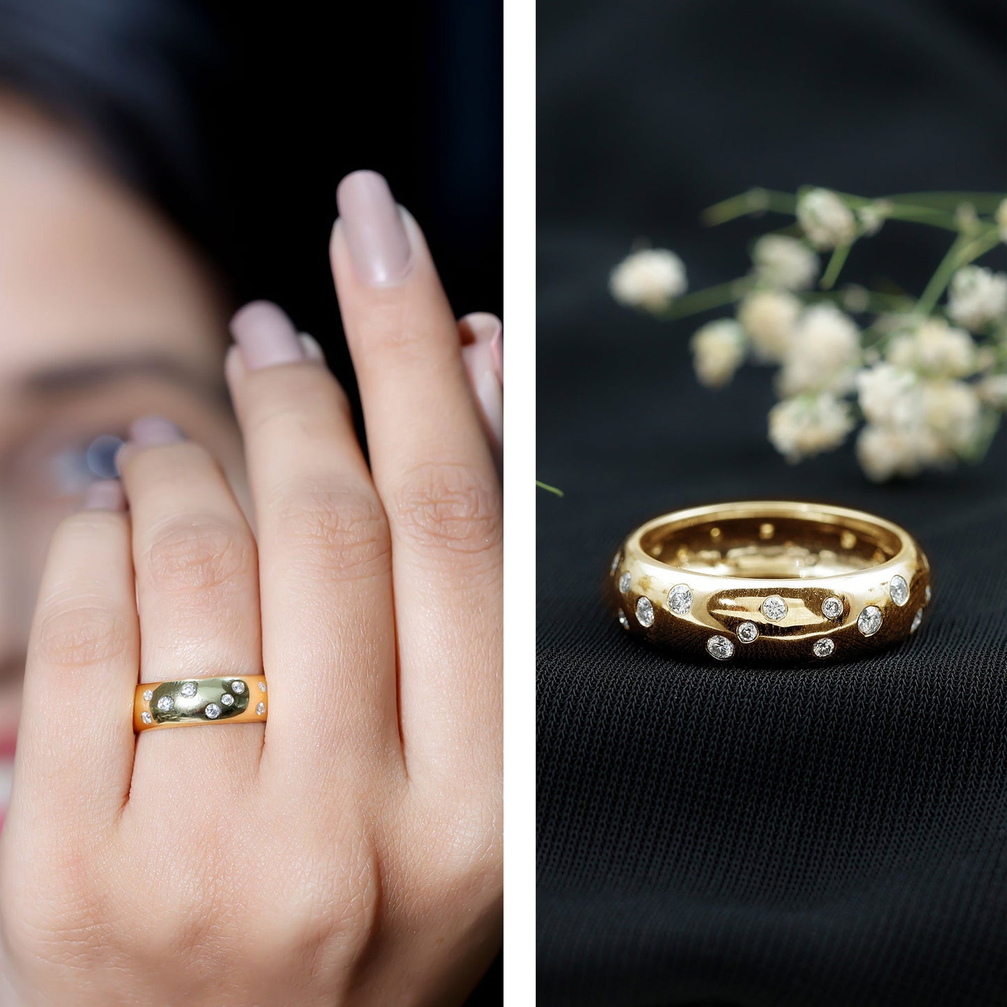 Scatter Moissanite Wedding Wide Band Ring