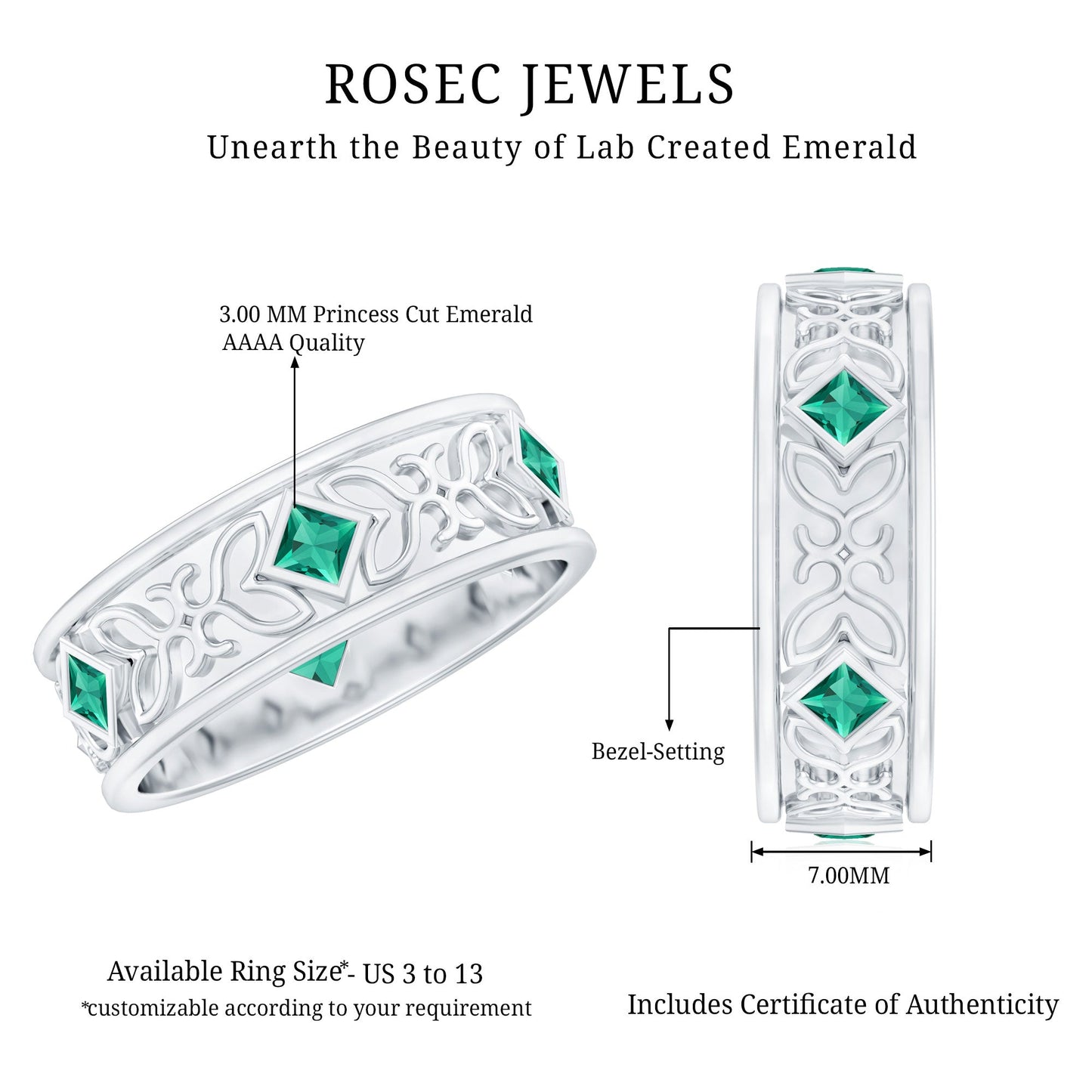 Princess Cut Lab Created Emerald Vintage Inspired Wedding Band