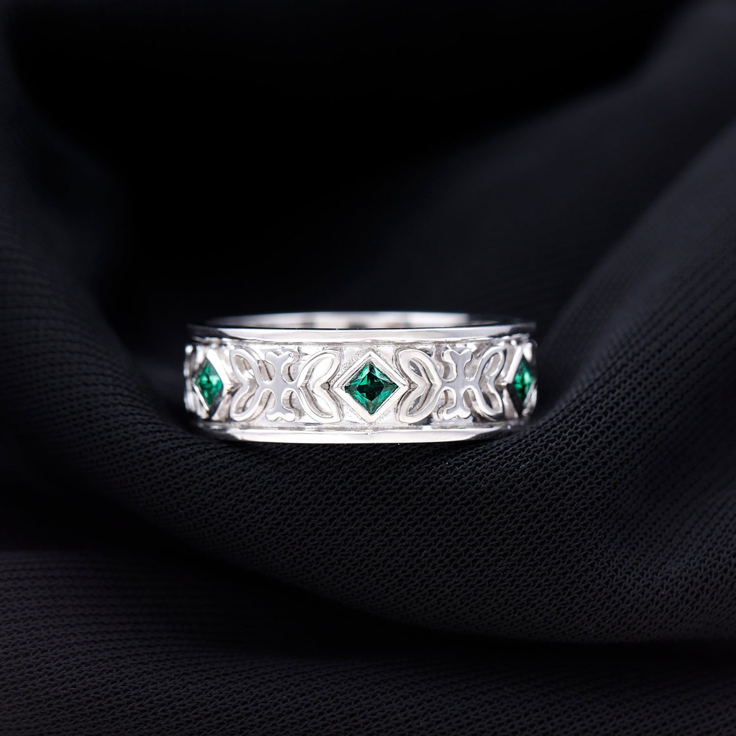 Princess Cut Lab Created Emerald Vintage Inspired Wedding Band