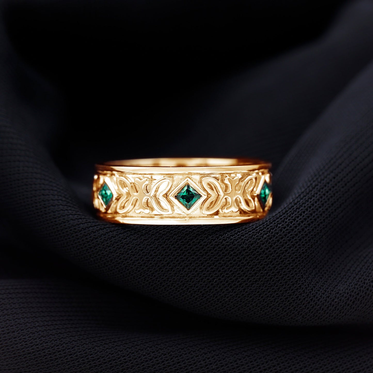 Princess Cut Lab Created Emerald Vintage Inspired Wedding Band