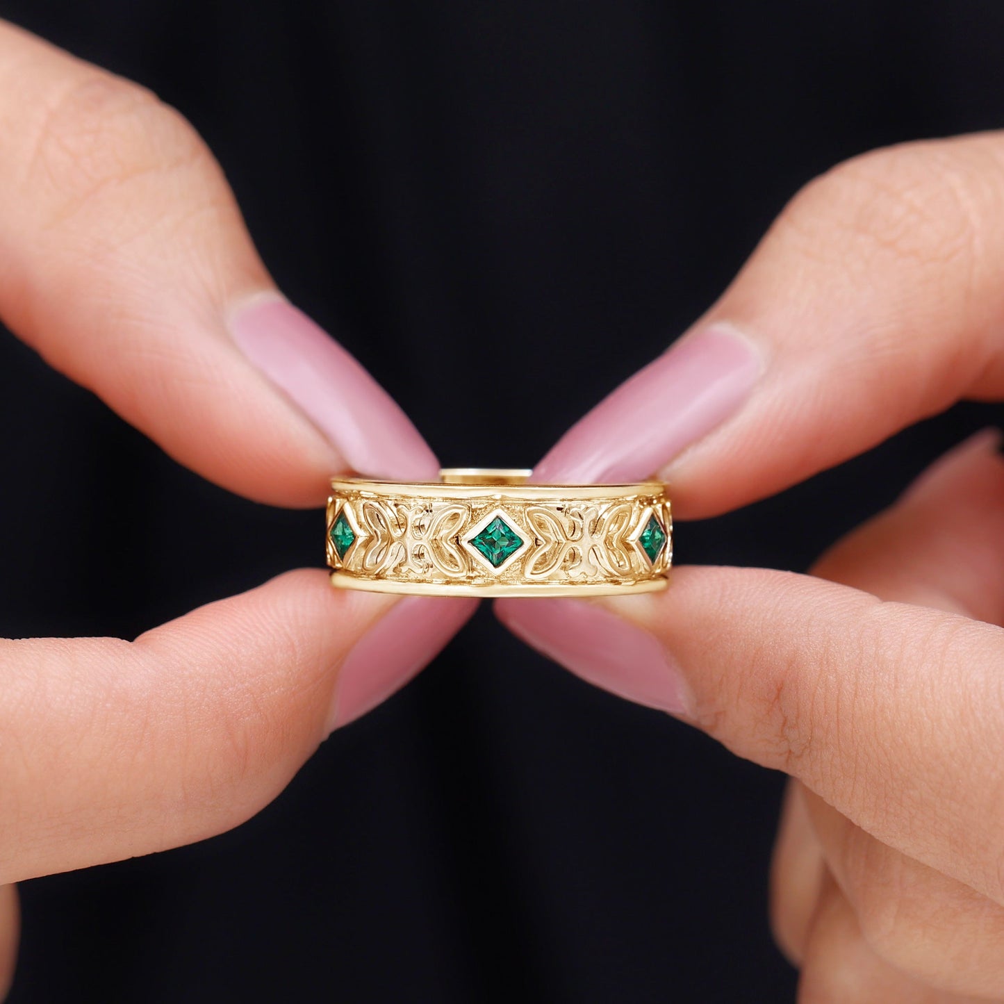 Princess Cut Lab Created Emerald Vintage Inspired Wedding Band