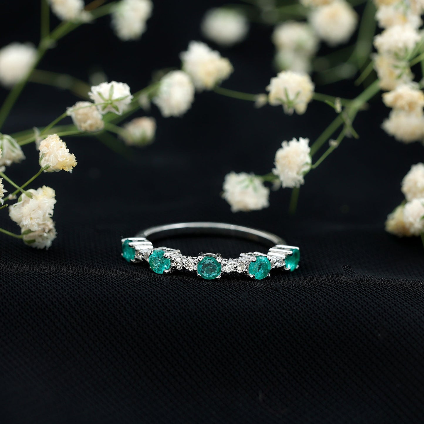 Real Emerald and Diamond Half Eternity Wedding Band Ring