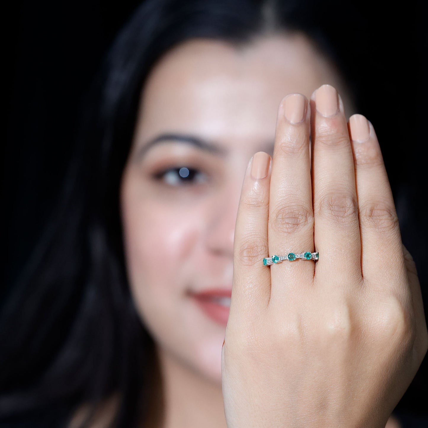 Real Emerald and Diamond Half Eternity Wedding Band Ring