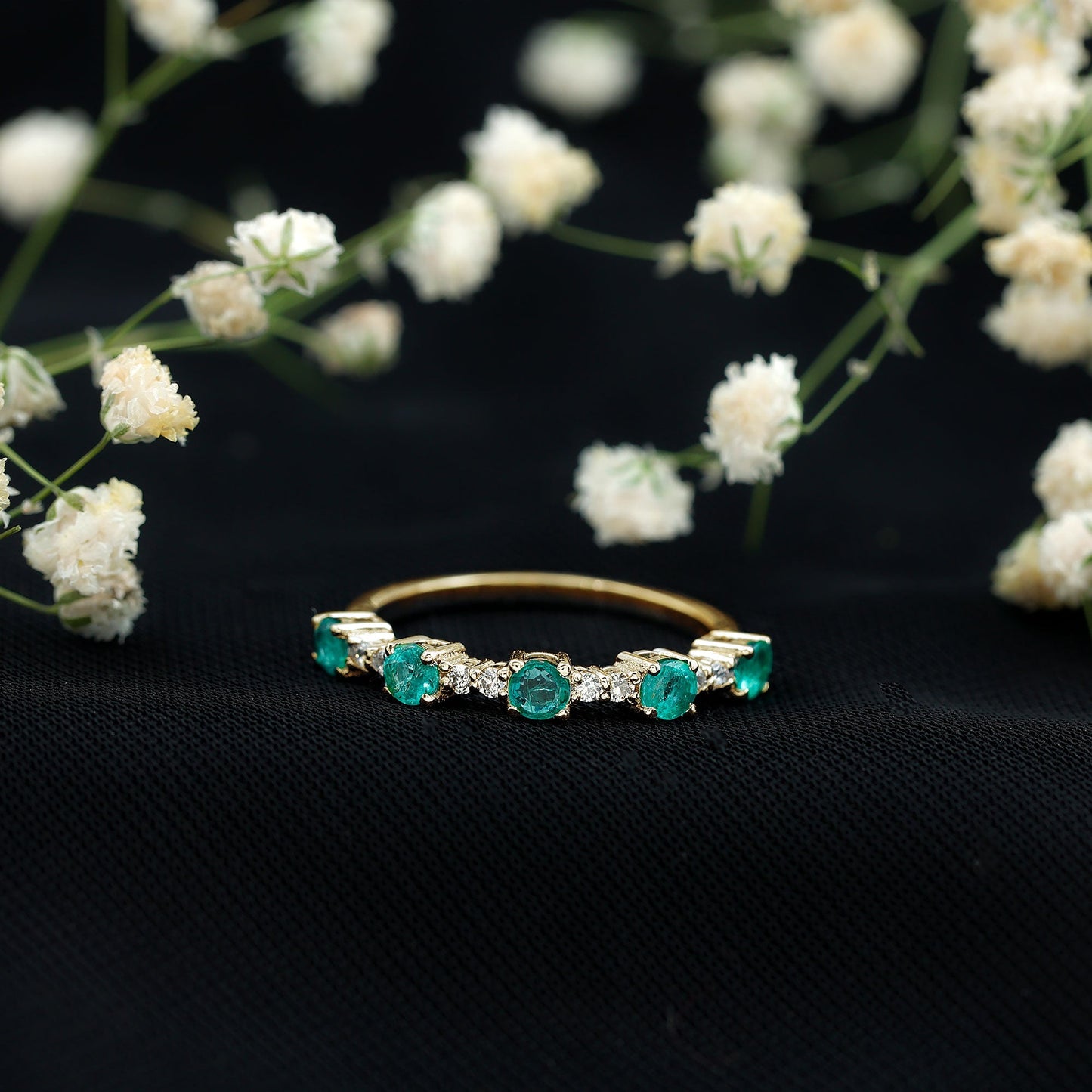 Real Emerald and Diamond Half Eternity Wedding Band Ring