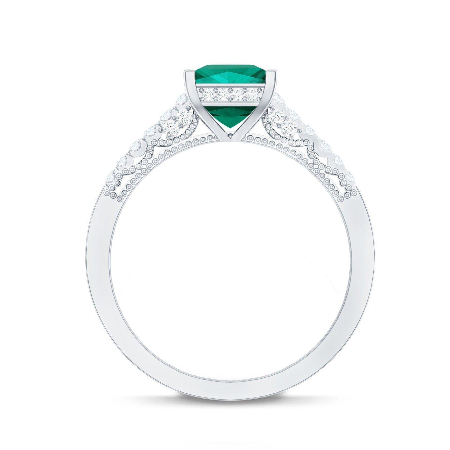 Princess Cut Lab Created Emerald Solitaire Ring with Diamond Side Stones